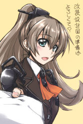 Rule 34 | 10s, 1girl, ascot, blazer, blue eyes, brown hair, foreshortening, hair ornament, jacket, kantai collection, kumano (kancolle), long hair, looking at viewer, mikagami sou, open mouth, orange ascot, paper, ponytail, school uniform, simple background, solo, translated, upper body, yellow background