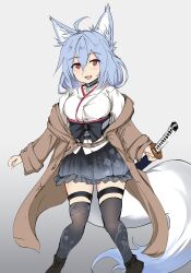 Rule 34 | 1girl, alternate costume, animal ears, arms at sides, blue hair, blue skirt, brown coat, coat, daisufuumi, floral print, fox ears, fox tail, gradient background, highres, holding, holding sword, holding weapon, japanese clothes, jewelry, katana, long hair, magatama, magatama necklace, murasame sukehiro (tenka hyakken), necklace, obi bow, off shoulder, open mouth, pigeon-toed, red eyes, sketch, skirt, smile, solo, sword, tail, tenka hyakken, thigh strap, thighhighs, weapon