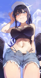 Rule 34 | 1girl, absurdres, alternate costume, amplifier, arm behind back, arm up, baseball cap, black hair, black panties, black shirt, blue archive, blue eyes, blue hair, blue shorts, blue sky, blurry, blurry background, blush, breasts, closed mouth, cloud, colored inner hair, commentary, crop top, cumulonimbus cloud, cutoffs, day, denim, denim shorts, from below, gubbi on, halo, hat, highleg, highleg panties, highres, korean commentary, large breasts, lens flare, long hair, looking at viewer, looking down, midriff, multi-strapped panties, multicolored hair, navel, open fly, outdoors, panties, saori (blue archive), shirt, shorts, sky, sleeveless, sleeveless shirt, solo, sweat, two-tone hair, underwear, wavy mouth, white halo, white hat