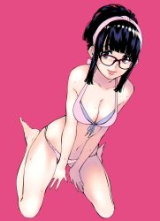 Rule 34 | 1girl, absurdres, aka shiro kiiro, bad id, bad pixiv id, bare arms, bare legs, bare shoulders, barefoot, between legs, bikini, black hair, blunt bangs, breasts, cleavage, collarbone, commentary request, fingernails, full body, glasses, groin, hairband, hand between legs, highres, large breasts, looking at viewer, medium breasts, navel, open mouth, original, pink bikini, purple background, red-framed eyewear, short hair, sidelocks, simple background, smile, solo, stomach, sweat, swimsuit