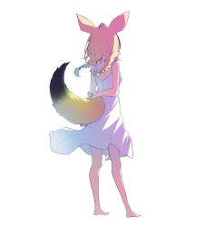 Rule 34 | 1girl, absurdres, alternate costume, alternate hairstyle, animal ear fluff, animal ears, arms behind back, bare shoulders, barefoot, black hair, blonde hair, blue nails, blush, braid, dress, epilogue in the attic (hololive), facing away, floating hair, fox ears, fox girl, fox tail, from behind, highres, hololive, ichijo rei, medium hair, multicolored hair, nail polish, official art, omaru polka, pink hair, simple background, sleeveless, sleeveless dress, solo, spaghetti strap, standing, streaked hair, tachi-e, tail, twin braids, twintails, virtual youtuber, white background, white dress, wind