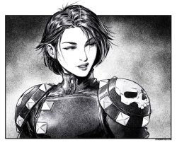 Rule 34 | 1girl, border, capcom, dave rapoza, greyscale, justice gakuen, kazama akira, looking to the side, monochrome, outside border, parted lips, short hair, shoulder pads, smile, solo, street fighter, upper body, watermark, web address