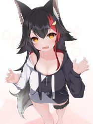 Rule 34 | 1girl, absurdres, animal ear fluff, animal ears, black hair, breasts, claw pose, cleavage, collarbone, dai okami kohei, english text, fang, feet out of frame, from above, hair between eyes, hair flaps, hair ornament, hands up, highres, hololive, hood, hoodie, large breasts, long hair, long sleeves, looking at viewer, multicolored hair, naked hoodie, ookami mio, ookami mio (casual), open mouth, orange eyes, red hair, scoop neck, simple background, skin fang, solo, streaked hair, tail, thigh strap, two-tone hoodie, virtual youtuber, wolf ears, wolf girl, wolf tail
