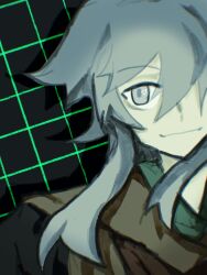 Rule 34 | 1other, androgynous, black background, chinese commentary, closed mouth, commentary request, eyes visible through hair, grey eyes, grey hair, grid background, hair over one eye, highres, houlen yabusame, len&#039;en, other focus, sanpaku, simple background, sketch, smile, solo, yang gu