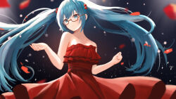 Rule 34 | 1girl, aqua eyes, aqua hair, bare arms, bare shoulders, blush, breasts, cleavage, collarbone, commentary, cowboy shot, dark background, dress, expressionless, floating hair, frilled dress, frills, glasses, hair between eyes, hands up, hatsune miku, highres, long hair, looking at viewer, red-framed eyewear, red dress, red petals, redcxca, sidelocks, sleeveless, sleeveless dress, small breasts, solo, standing, strapless, strapless dress, twintails, very long hair, vocaloid