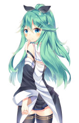 Rule 34 | 10s, 1girl, back, blue eyes, detached sleeves, from behind, green hair, hair ornament, hair ribbon, hairclip, kantai collection, long hair, looking at viewer, peanuts (asd313175), pleated skirt, ribbon, school uniform, serafuku, simple background, skirt, solo, thighhighs, white background, yamakaze (kancolle), zettai ryouiki