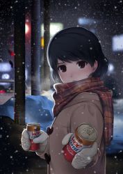 Rule 34 | 1girl, black hair, brown eyes, can, canned coffee, cityscape, coat, coffee, domestic na kanojo, drink can, duffel coat, from side, gloves, looking at viewer, night, sasuga kei, short hair, snowing, solo, tachibana rui, winter, winter clothes