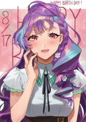 Rule 34 | 1girl, braid, close-up, dated, english text, hand on own face, happy birthday, highres, macross, macross delta, mikumo guynemer, open mouth, pote-mm, purple hair, red eyes, smile, solo