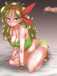 Rule 34 | 1girl, bare arms, blonde hair, blush, breasts, brown gloves, censored, cleavage, clenched teeth, dragon ball, dragonball z, gloves, green eyes, hair ornament, hair ribbon, highres, kneeling, large breasts, legs, long hair, looking to the side, lunch (dragon ball), midriff, mosaic censoring, motion lines, naughty face, navel, penis, ribbon, short shorts, shorts, sleeveless, smile, sneakers, solo focus, tank top, teeth, thighs, uncats