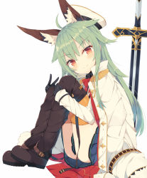Rule 34 | &gt;:), 1girl, ahoge, animal ears, black gloves, blue skirt, blush, boots, bow, bowtie, brown eyes, brown footwear, collared shirt, commentary request, epaulettes, fox ears, from side, full body, fur-trimmed sleeves, fur trim, gloves, green hair, hair flaps, hat, head tilt, highres, jacket, jacket on shoulders, knee boots, long hair, long sleeves, looking at viewer, looking to the side, military hat, military jacket, mini hat, nibiiro shizuka, orange thighhighs, original, planted, planted sword, planted weapon, pleated skirt, red bow, red bowtie, shirt, sidelocks, simple background, sitting, skirt, sleeves past wrists, smile, solo, sword, thighhighs, tsurime, v, v-shaped eyebrows, weapon, white background, white hat, white jacket, white shirt