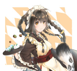 Rule 34 | 1girl, absurdres, ahoge, ainu clothes, animal ears, anju (utawarerumono), apron, aquaplus, black hair, blush, breasts, chocolate, closed mouth, dress, eyebrow, fang, food, frilled dress, frilled sleeves, frills, from side, gradient eyes, hair between eyes, hair ornament, highres, holding, holding plate, jewelry, long hair, long sleeves, looking at viewer, maid, maid apron, maid headdress, multicolored eyes, no pupils, orange eyes, plate, sidelocks, signature, small breasts, solo, tail, teeth, upper body, utawarerumono, utawarerumono: itsuwari no kamen, utawarerumono: lost flag, very long hair, wide sleeves