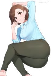 Rule 34 | 1girl, absurdres, arm up, ass, blue shirt, blush, breasts, brown eyes, brown hair, closed mouth, collared shirt, dated, dress shirt, feet out of frame, green pants, highres, idolmaster, idolmaster cinderella girls, long sleeves, looking at viewer, lying, medium breasts, mizuki seira, on side, onao, pants, shirt, short hair, simple background, smile, solo, white background