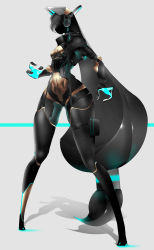 Rule 34 | 1girl, absurdres, android, animal ears, black jacket, breasts, cat ears, cropped jacket, digitigrade, echanis enicha, faceless, female focus, fewer digits, full body, glowing, grey background, grey hair, groin, highres, jacket, legs apart, long hair, low-tied long hair, navel, original, ponytail, robot ears, simple background, small breasts, solo, thigh strap, thighs, very long hair, wide hips