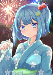 Rule 34 | 1girl, aerial fireworks, alternate costume, arm up, backlighting, blue eyes, blue hair, blue kimono, blunt bangs, blush, breasts, bright pupils, commentary request, fireworks, floral print, hair bobbles, hair ornament, head tilt, japanese clothes, kappa hair ornament, kawashiro nitori, kimono, lens flare, looking at viewer, medium breasts, night, obi, outdoors, partial commentary, rururiaru, sash, short hair, sleeves past wrists, smile, solo, standing, touhou, two side up, upper body, yukata