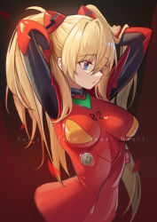 Rule 34 | 1girl, arms up, blonde hair, blue eyes, bodysuit, breasts, closed mouth, cropped torso, english text, gradient background, hair between eyes, hair ornament, hands in hair, highres, komi (komiking), long hair, looking away, looking down, medium breasts, neon genesis evangelion, petals, plugsuit, red bodysuit, shiny clothes, solo, souryuu asuka langley, two-tone background, two side up, upper body, very long hair, wide hips