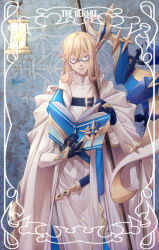 Rule 34 | 1boy, belt, black-framed eyewear, blonde hair, blue belt, blue eyes, blue gloves, book, bridal gauntlets, chest belt, cloak, elf, facing viewer, feet out of frame, framed, glasses, gloves, grand chase, hair between eyes, highres, holding, holding book, holding staff, kassias grandiel, lantern, long hair, male focus, mandarin collar, mixed-language commentary, open book, pointy ears, reading, robe, smile, solo, staff, standing, straight-on, tarot, the hermit (tarot), very long hair, white cloak, white robe, yukiikn