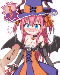 Rule 34 | !, 1girl, ^^^, bare shoulders, bat wings, blue eyes, blush, bow, clothes pull, collar, collarbone, cowboy shot, detached sleeves, dress, dress pull, earrings, elizabeth bathory (fate), elizabeth bathory (fate/extra ccc), elizabeth bathory (halloween caster) (fate), fangs, fate/grand order, fate (series), flat chest, hair between eyes, halloween, halloween costume, hat, horns, inasaki shirau, jewelry, long hair, looking at penis, nipples, nose blush, orange bow, out of frame, penis, pink hair, pointy ears, ribbon, sidelocks, simple background, solo focus, striped clothes, striped dress, surprised, tail, two side up, wavy mouth, white background, wings, witch hat