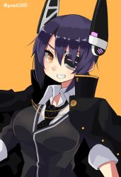 Rule 34 | 10s, 1girl, bad id, bad pixiv id, breasts, eyepatch, female focus, gomashi (goma), headgear, kantai collection, large breasts, looking at viewer, open mouth, orange background, purple hair, school uniform, short hair, simple background, smile, solo, tenryuu (kancolle), yellow eyes