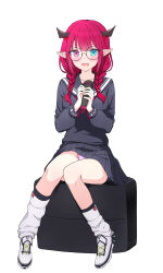 Rule 34 | 1girl, absurdres, black horns, black sailor collar, black serafuku, black shirt, black skirt, blue eyes, blush, braid, flower, french braid, full body, glasses, hair flower, hair ornament, heterochromia, highres, holding, holding microphone, hololive, hololive english, horns, irys (gaming casual) (hololive), irys (hololive), long hair, long sleeves, looking at viewer, loose socks, microphone, miniskirt, neckerchief, official alternate costume, open mouth, otter paw (otter696969), panties, pantyshot, pleated skirt, pointy ears, purple hair, red neckerchief, sailor collar, school uniform, serafuku, shirt, shoes, simple background, sitting, skirt, sneakers, socks, solo, twin braids, underwear, virtual youtuber, wavy mouth, white background, white footwear