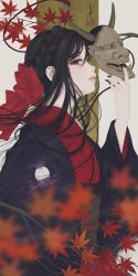 Rule 34 | 1girl, autumn leaves, black hair, black nails, blurry, bow, braid, branch, crown braid, depth of field, from behind, from side, hair bow, hannya, highres, holding, holding mask, japanese clothes, kimono, leaf, lips, long hair, looking at viewer, maple leaf, mask, moon print, nail polish, noh mask, original, red eyes, smile, solo, ushiyama ame