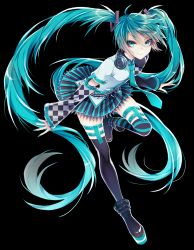 Rule 34 | 1055, 1girl, black footwear, black thighhighs, checkered sleeves, detached sleeves, floating hair, full body, green eyes, green hair, green nails, green neckwear, hair ornament, hatsune miku, headphones, headphones around neck, highres, leg up, long hair, looking at viewer, nail polish, shirt, short sleeves, smile, solo, striped clothes, striped thighhighs, thighhighs, twintails, very long hair, vocaloid, white shirt, zettai ryouiki