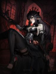 Rule 34 | 1girl, absurdres, artist name, black hair, breasts, chain, character request, copyright request, couch, detached sleeves, glass bottle, gloves, goth fashion, green eyes, hair ornament, head ornament, highres, horns, large breasts, leaf, leather, lips, long hair, mouse (animal), on couch, pointy ears, potion, roots, skirt, syringe, toeless legwear, vezonia, window