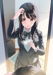 Rule 34 | 1girl, :o, adjusting hair, backpack, bag, black bag, black bow, black bowtie, black hair, black jacket, blazer, blue skirt, blush, bow, bowtie, brown eyes, buttoned cuffs, buttons, collared shirt, commentary, dress shirt, hair ornament, hairclip, hanako151, hand in own hair, hand up, highres, indoors, jacket, long hair, long sleeves, looking at mirror, mirror, open mouth, original, plaid, plaid skirt, pleated skirt, reflection, school uniform, shirt, skirt, solo, standing, surprised, unworn hair ornament, unworn hairclip, white shirt
