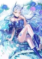Rule 34 | 1girl, arm support, bare shoulders, blue bow, blue dress, blue flower, blue footwear, blue hair, blush, boots, bow, breasts, brown eyes, closed mouth, collarbone, commentary request, dragon girl, dragon horns, dragon tail, dress, flower, frilled boots, frilled footwear, frills, hair between eyes, haruri, high heel boots, high heels, highres, horns, hydrangea, knee up, looking at viewer, medium breasts, multicolored hair, off-shoulder dress, off shoulder, original, pink flower, puffy short sleeves, puffy sleeves, purple flower, shallow water, short sleeves, silver hair, sitting, smile, solo, spiked tail, spikes, streaked hair, tail, water