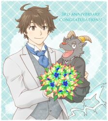 Rule 34 | 2boys, ascot, bad id, bad twitter id, border, bouquet, brown eyes, brown hair, closed mouth, collared shirt, commentary request, crystal, english text, flower, formal, furry, furry male, goat boy, goat horns, hair between eyes, heart, holding, holding bouquet, horns, japanese clothes, male focus, minimumtkg, multiple boys, open mouth, plaid, plaid background, protagonist 4 (housamo), salomon (housamo), shirt, short hair, smile, suit, thick eyebrows, tokyo houkago summoners, vest, white border, white shirt, white suit