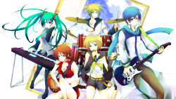 Rule 34 | 2boys, 3girls, bad id, bad pixiv id, blue scarf, breasts, choker, cleavage, drum, guitar, hair ornament, hairclip, hatsune miku, highres, instrument, kagamine len, kagamine rin, kaito (vocaloid), keyboard (instrument), medium breasts, meiko (vocaloid), microphone, midriff, multiple boys, multiple girls, necktie, rogical, scarf, skirt, thighhighs, twintails, vocaloid