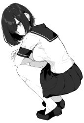 Rule 34 | 1girl, absurdres, bob cut, breasts, crossed arms, from side, greyscale, highres, kayahara, kneehighs, light smile, loafers, looking at viewer, looking back, medium breasts, monochrome, original, parted lips, pleated skirt, school uniform, serafuku, shoes, short hair, short sleeves, simple background, sketch, skirt, socks, solo, squatting