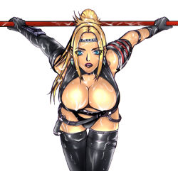 Rule 34 | 1girl, blonde hair, blue eyes, boots, breasts, cleavage, cleavage cutout, clothing cutout, elbow gloves, garter belt, gloves, jewelry, large breasts, leather armor, ninja gaiden, rachel (ninja gaiden), strap, studded leather, thigh boots, thighhighs