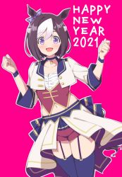 Rule 34 | 1girl, 2021, alternate costume, animal ears, back bow, bad id, bad twitter id, black choker, black thighhighs, bob cut, bow, brown hair, choker, commentary, cropped jacket, dated, ear ribbon, english text, garter straps, hachimaki, happy new year, headband, highres, horse, horse ears, horse girl, horse tail, idol, jacket, jin kichi, long sleeves, looking at viewer, midriff, multicolored hair, navel, new year, open mouth, outline, pink background, purple eyes, purple ribbon, red shirt, red shorts, ribbon, shirt, short hair, short shorts, shorts, showgirl skirt, simple background, smile, solo, special week (umamusume), standing, starting future (umamusume), swept bangs, tail, thighhighs, two-tone hair, umamusume, w arms, white hair, white headband, white jacket, white outline, wristband