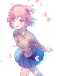 Rule 34 | 1girl, :d, aicedrop, blue skirt, brown jacket, cherry blossoms, commentary request, doki doki literature club, flower, hair ornament, hair ribbon, hairclip, jacket, long sleeves, looking at viewer, natsuki (doki doki literature club), open mouth, petals, pink eyes, pink hair, pleated skirt, red ribbon, ribbon, school uniform, short hair, skirt, smile, solo, swept bangs, two side up