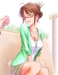 Rule 34 | 10s, 1boy, 1girl, akizuki ritsuko, blush, bonnie (rsg), breasts, brown hair, cleavage, controller, discreet vibrator, folded ponytail, glasses, idolmaster, idolmaster (classic), idolmaster 2, jewelry, necklace, open mouth, pendant, public indecency, remote control, remote control vibrator, sex toy, sleeves rolled up, small breasts, solo, trembling, vibrator, wireless sex toy controller