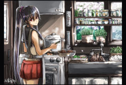 Rule 34 | 1girl, apron, breasts, cooking, cowboy shot, door, highres, jar, kantai collection, kitchen, liquid-in-glass thermometer, long hair, looking at viewer, medium breasts, orange eyes, oven, ponytail, school uniform, scrunchie, seitei (04seitei), shirt, signature, sink, skirt, sleeveless, sleeveless shirt, smile, solo, thermometer, very long hair, window, yahagi (kancolle)