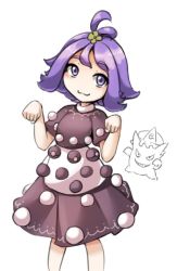Rule 34 | 1girl, :3, acerola (pokemon), adapted costume, closed mouth, creatures (company), dress, flipped hair, fun bo, game freak, gen 1 pokemon, gengar, hair ornament, hat, looking at viewer, mob cap, nintendo, paw pose, pokemon, pokemon (creature), pokemon sm, purple eyes, purple hair, short hair, simple background, smile, topknot, white background