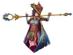 Rule 34 | 1girl, alberto moldes, armadyl battlestaff, armor, blue hair, breasts, cape, commentary, commission, completionist cape (runescape), cuirass, curly hair, dang (runescape), duellist&#039;s cap (tier 6), english commentary, fire, fur-trimmed legwear, fur trim, glowing hat, hat, highres, holding, holding staff, medium breasts, one eye closed, over shoulder, plate armor, purple fire, runescape, simple background, smug, staff, thick eyebrows, thighhighs, tongue, tongue out, weapon, weapon over shoulder, yellow eyes, zettai ryouiki