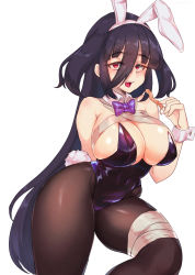 Rule 34 | 1girl, animal ears, bandaged leg, bandages, black hair, black leotard, black pantyhose, bow, bowtie, breasts, chamame, cleavage, covered navel, detached collar, fake animal ears, fake tail, fangs, food, hair between eyes, hairband, highleg, highleg leotard, highres, holding, holding food, large breasts, leotard, long hair, looking at viewer, open mouth, pantyhose, playboy bunny, purple bow, purple bowtie, rabbit ears, rabbit tail, red eyes, solo, strapless, strapless leotard, tail, teeth, upper teeth only, very long hair, wrist cuffs, yamada tae, zombie land saga