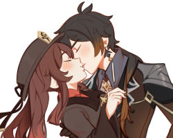 Rule 34 | 1boy, 1girl, absurdres, bad id, bad twitter id, black hair, black headwear, black nails, blush, brooch, brown hair, chinese clothes, closed eyes, coat, collared coat, collared shirt, colored tips, commentary, earrings, english commentary, face-to-face, formal, french kiss, genshin impact, gradient hair, hair between eyes, hand in another&#039;s hair, hand on another&#039;s back, hat, hat ornament, hetero, highres, hu tao (genshin impact), hug, jacket, jewelry, kiss, lilyglazed, long hair, long sleeves, multicolored hair, nail polish, necktie, ponytail, porkpie hat, red shirt, shirt, single earring, suit, tassel, tassel earrings, twintails, upper body, vest, white background, zhongli (genshin impact)