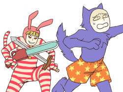 Rule 34 | 2boys, chainsaw, flat color, kedamono, male focus, mask, multiple boys, pajamas, running, scared, simple background, sword, violence, weapon, white background, wolf