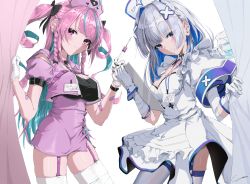 Rule 34 | 2girls, absurdres, amane kanata, amane kanata (nurse), angel, angel wings, apron, arm belt, armband, asymmetrical bangs, asymmetrical hair, bandaged arm, bandages, bandaid, black ribbon, blue hair, blunt bangs, braid, breasts, chest belt, choker, cleavage cutout, clipboard, clothing cutout, colored inner hair, commentary, cowboy shot, cropped jacket, curtains, dress, drill hair, frilled dress, frills, garter straps, gloves, grey hair, hair ornament, hair over one eye, hair ribbon, hat, highres, holding, holding clipboard, holding syringe, hololive, long hair, looking at viewer, medium skirt, minato aqua, multicolored hair, multiple girls, name tag, nurse, nurse cap, pink choker, pink hair, puffy short sleeves, puffy sleeves, purple eyes, ribbon, short sleeves, side braids, sidelocks, signature, single hair intake, skindentation, skirt, small breasts, streaked hair, symbol-only commentary, syringe, thighhighs, twin drills, two-tone hair, virtual youtuber, waist apron, white background, white dress, white gloves, wings, x hair ornament, yo na