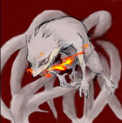 Rule 34 | 1990s (style), brown eyes, claws, demon, fangs, fire, hakumen no mono, monster, multiple tails, red background, retro artstyle, simple background, smile, tail, ushio to tora