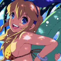 Rule 34 | 1girl, bikini, blonde hair, blue eyes, bow, breasts, calamity jane, drill hair, enoo, from side, hair ribbon, hairband, jaggy lines, long hair, looking at viewer, lowres, oekaki, open mouth, ribbon, sideboob, sidelocks, solo, source request, swimsuit, wild arms, wild arms 1