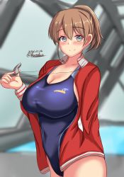 Rule 34 | 1girl, blue eyes, blue one-piece swimsuit, blurry, blurry background, breasts, brown hair, cleavage, closed mouth, commentary request, competition swimsuit, dated, highres, holding, intrepid (kancolle), kantai collection, large breasts, long hair, long sleeves, looking at viewer, montemasa, one-piece swimsuit, open clothes, open shirt, partial commentary, ponytail, pool, red shirt, rei no pool, shirt, smile, solo, swimsuit, twitter username, whistle
