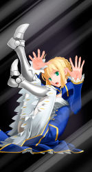 Rule 34 | 1girl, :o, against glass, ahoge, armor, artoria pendragon (all), artoria pendragon (fate), black background, blonde hair, cleavage cutout, clothing cutout, dress, fate/stay night, fate (series), fourth wall, greaves, green eyes, highres, juliet sleeves, legs up, long sleeves, phone wallpaper, puffy sleeves, saber (fate), shirotsumekusa, sitting, solo, wallpaper