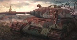 Rule 34 | 1girl, bare tree, bird, black hair, boots, branch, brown jacket, cannon, caterpillar tracks, cloud, cloudy sky, commentary, english commentary, hat, highres, jacket, military, military vehicle, motor vehicle, original, outdoors, reflection, rust, scenery, sitting, sky, solo, tank, tokunaga akimasa, tree, turret, vehicle request
