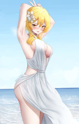 Rule 34 | 1girl, absurdres, armpits, arms behind head, blue sky, blush, breasts, cleavage, dress, feet out of frame, genshin impact, highres, large breasts, looking at viewer, lumine (genshin impact), ocean, open mouth, presenting armpit, rosumerii, sideboob, sky, solo, standing, sweat, thighs, v, wet, wet clothes, white dress