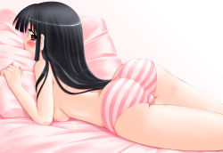 Rule 34 | 1girl, ass, bed, black hair, blush, breasts, face in pillow, hase yu, highres, long hair, lying, makino nanami, nipples, non-web source, on side, panties, pillow, pillow grab, red eyes, solo, striped clothes, striped panties, suigetsu, topless, trefoil, underwear
