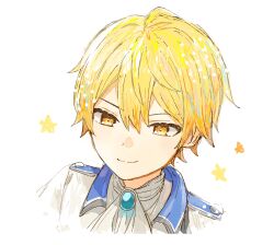 Rule 34 | 1boy, blonde hair, closed mouth, collared shirt, commentary request, hair between eyes, hane k2, highres, male focus, orange eyes, project sekai, shirt, short hair, solo, star (symbol), tenma tsukasa, white background